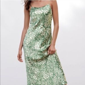 Zara green floral midi slip dress